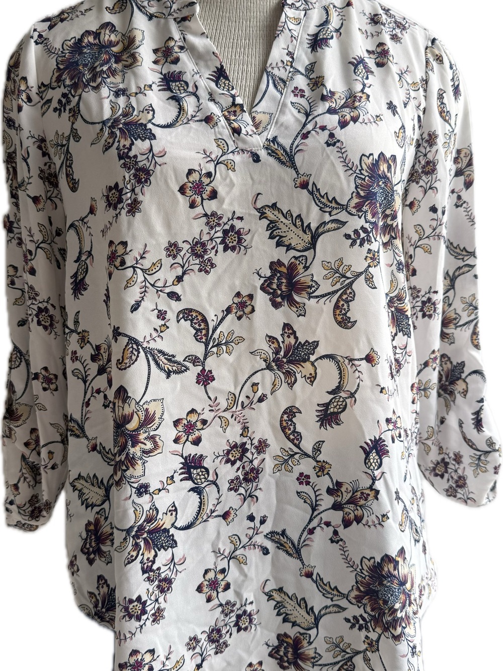 Women's Floral V-Neck Blouse - White with Multicolor Print